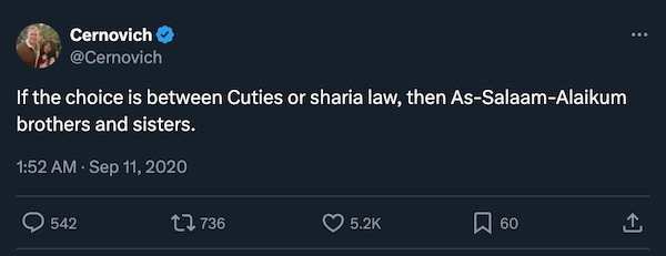mike cernovich praises shariah law
